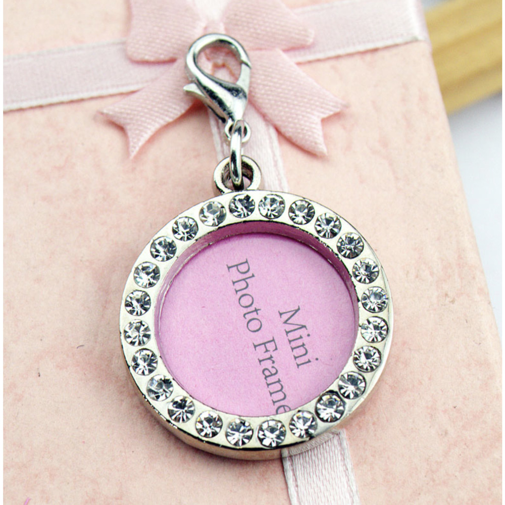 Lot of 50! 1" Crystal Rhinestone Round Mini Photo Picture Frame Charms w/ Clasp - Picture 2 of 4